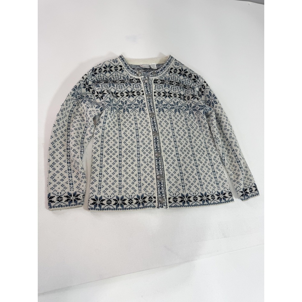 Vintage Hasting & Smith Cardigan Womens Petite Medium White Fair Isle Snowflake